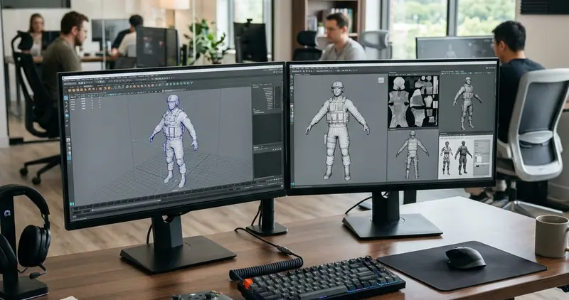 現代化遊戲開發工作室中顯示 3D 角色模型設計的雙螢幕工作站