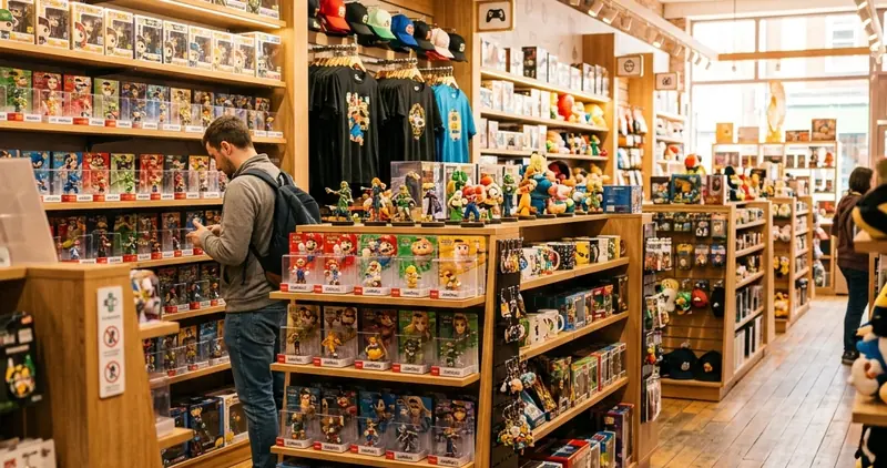 熱鬧的任天堂官方周邊商品授權店內陳列的玩具公仔與逛街顧客，說明官方直營店生態